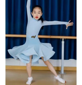 Girls kids light blue red green ballroom latin dance dress competition regulation salsa rumba latin stage performance long skirts 